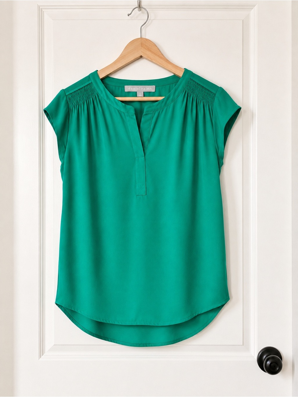 Daniel Rainn Bettola Split Neck Blouse L Green Cap Sleeve Smocked Stitch Fix